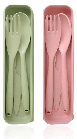 Large Reusable Travel Cutlery Set With Case Big Camping Cutlery Set for 2 Sets Portable Plastic Cutlery Set Spoons Fork Knife Travel Cutlery Set for Adults Travel Picnic Camping Daily Use(Pink+ Green)