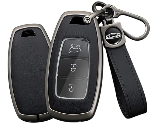 TECART Smart Autoschlüssel Hülle cover Passt für Hyundai Fista Lafesta Santa i30 Ix35 Kona Solaris Ix25 Accent Verna Leder Zinklegierung Schutzhülle Schlüsselcover Zubehör Schlüssel 3 taste B Schwarz