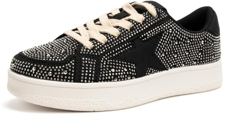 Niluber Star Sneakers for Women Low Top Comfortable Cushioned White Gold Sliver Leopard Platform Sneakers Lace Up Red Glitter Platform Party Shoes(Black Rhinestone,8)
