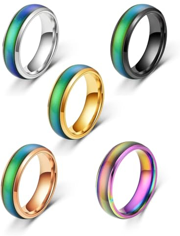 ZAMXHUG Stimmung Ring - 5 pcs Farbwechselring, Edelstahl Temperatur Emotion Ring,Allergien vorbeugen,Unisex Mode Schmuck für Tägliche Tragen Party Schmuck Geburtstagsgeschenk, Valentinstag Jubiläum
