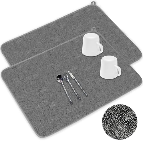 Mikrofaser-Abtropfmatte, 61 x 43 cm, saugfähiges Abtropfgestell, Küchentheke, große Abtropfmatte für Arbeitsplatte, Regal und unter der Spüle, Grau, 2 Stück