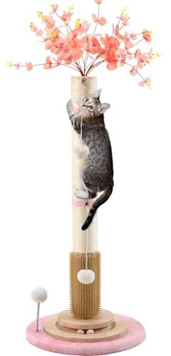 45'' Tall Cat Scratching Post,3.5Inch Diameter Sisal Rope Scratching Post for Indoor Cats Adults Kittens,Cat Scratcher with Interactive Ball Toys Self Groomer Brush for Large Cats (pink-45inch)