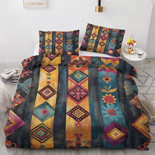 Bettwäsche 155x220 Bohemian Geometrisch Motiv - Landhausstil Bettbezug und 1 Kissenbezug 80x80, Weiche Bügelfreie Mikrofaser Deckenbezug 2er Set mit Reißverschluss, Wendebettwäsche & Deko M&-1310