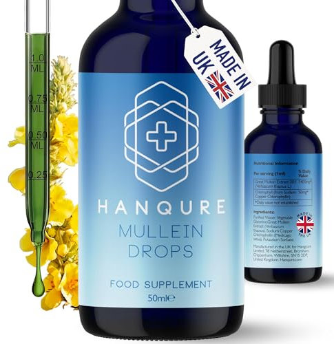 Hanqure Mullein Drops - Mullein Leaf Extract for Lungs with Chlorophyll - UK Made Liquid. Lung Detox & Cleanse Support. 50ml & Vegan Friendly.