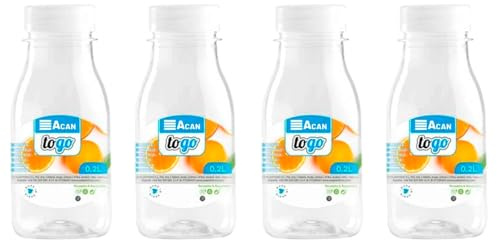 Acan Tradineur - Pack de 4 botellas de plástico con tapón de rosca, reutilizables y reciclables, agua, leche, batidos, zumos, refrescos, frigorífico, fabricadas en España (200 ml - 13 x 5,5 cm)