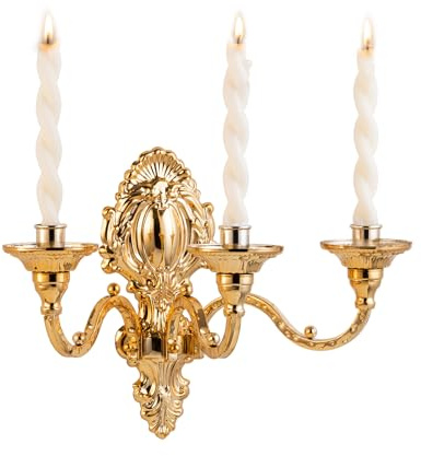 3-Candle Wall Sconces,Victorian Metal Wall Mounted Candlestick,Gold Crown Candle Holders for Tapered Candle,Gothic Antique Candelabra,Brass Baroque Decor for Living Rooms Hallways(1pack