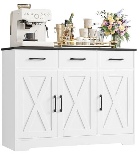 HOCSOK Aparador Cocina, Armario de Cocina con 3 Cajones y 3 Puertas, Armario de Almacenamiento para Salón, Comedor, Estantes Ajustables, Blanco y Negro