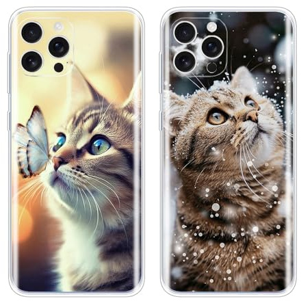 EuoDuo 2 Stück Kompatibel mit iPhone 12 Pro Hülle Tiere Muster Handyhülle Silikon Case Schutzhülle Weich TPU Dünn Handysocken Telefono Mädchen Frauen Männer - Kätzchen