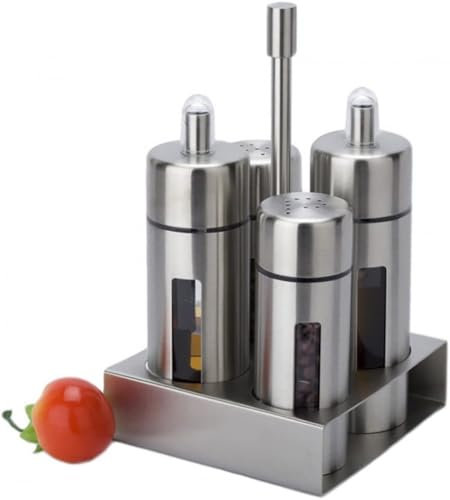 Basic Cruet Set, Stainless Steel Vinegar Dispenser Bottles, Salt and Pepper Shakers Condiment Server Holder, 4 Piece