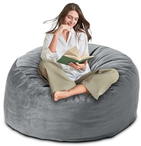 Yagamo 4FT Bean Bag Chair for Adults/Kids, Large Bean Bag with Filling, Memory Foam Bean Bags with Ultra Soft Washable Velvet Cover, Plush Sofa for Living Room, Bedroom and Gaming Room -4 Foot, Grey
