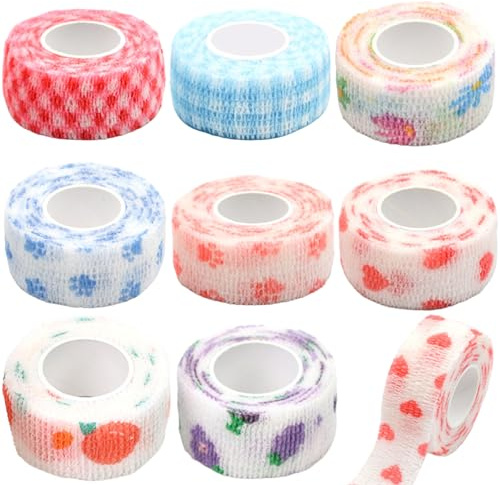 8 Rolls Non-Woven Self Adhesive Bandage Wrap Sweatproof Waterproof Cute Vet Wrap Elastic Cohesive Bandage Wrap for Fingers Ankle Grip Nail Protector Tape Sports Fixing Band Stretch Wrap (Multicolor)