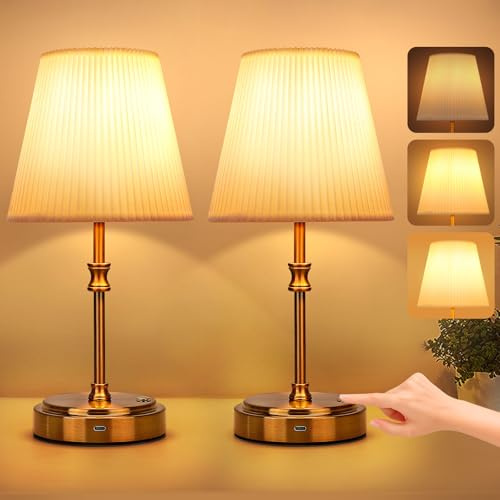 Glowlit 2 Stück Tischlampe Akku Tischleuchte Kabellose Touch Nachttisch lampe Gold mit USB-C 6000 mAh LED Tischlampe 3 Stufig Dimmbar für Schlafzimmer Bett Esszimmer Bar