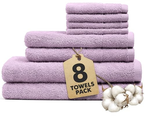 Novo Home Bath Towels Set of 8 – 100% Cotton Lilac Towel Set Bale Includes 2 Bath, 2 Hand, 4 Face Towels – Soft, Absorbent & Quick Dry Towel for Bathroom, Spa, Kitchen, Hotel Use