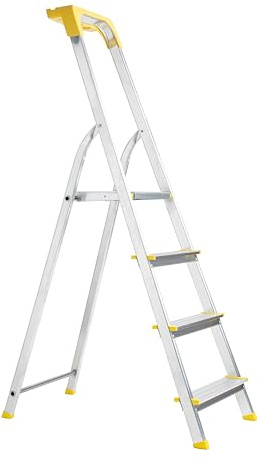 FORTENA Stehleiter Haushaltsleiter mit gelb Ablage Leiter Aluminium mit Regal 4 Stufen