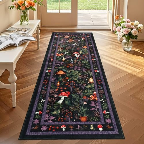 GEANUP Teppich Läufer Flur 60x180 cm, Schwarz Küchenläufer Waschbar rutschfest, Weicher Schlafzimmer Teppich Läufer, Märchen-Pilz Flurteppich für Korridor Waschküche Wohnzimmer Kinderzimmer