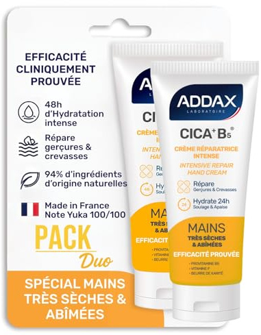ADDAX CICA + B5 CREME REPARATRICE MAINS 50 ML - Crème Mains Réparatrice Intense – Peaux Sèches, Irritées ou Abîmées – Cicatrise, Nourrit et Protège - Formule au Panthénol + Vitamine B5 (2)