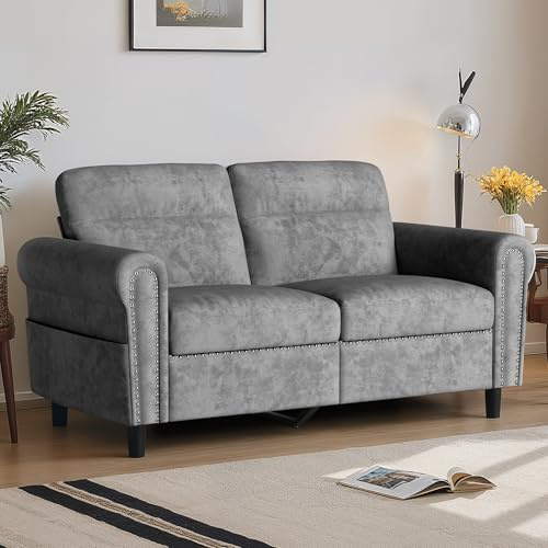 Blishom 2-Sitzer Sofa, Kleine Couch mit Seitentasche - Modernes Zweisitzer mit abnehmbaren Sitzkissen & Holzfüßen, für Wohnzimmer, Büro, Apartment, 152x76x84 cm (Dunkelgrau)