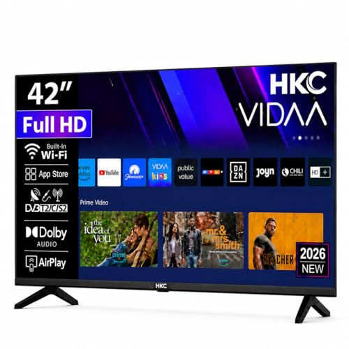 HKC Smart TV 42 Pulgadas, FHD LED Televisor con WiFi, LAN, App Store, Sintonizador Digital, Prime Video, Netflix, Youtube, DAZN, Disney+, Pluto TV y Más