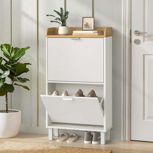 LUE BONA Schuhschrank schmal, Schuhschrank mit 2 Flip-Klappen, Schuhkipper mit Holzfüßen, Schuhregal Geschlossen Shoe Cabinet für Flur, Eingang, Diele, Garderobe, 51x91.5x19cm, Weiß