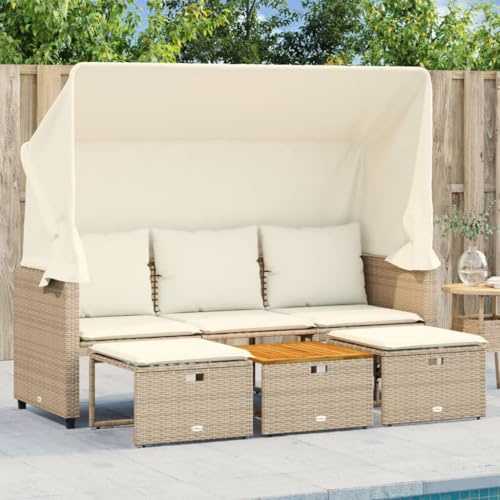Hommdiy Gartensofa,Gartenlounge Outdoor,Sonnenliege Gartenliege Balkon,Doppelliege 3-Sitzer mit Dach und Hockern Beige Poly Rattan