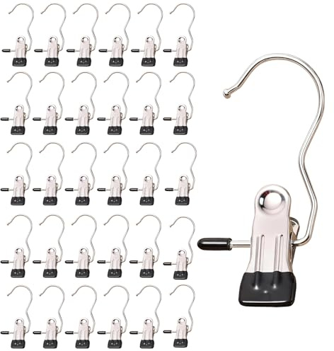 30 PCS Hanging Clips with Hooks, Stainless Steel Clothes Pegs Extra Strong, Rotatable Clothes Hangers with Clips, No-slip Laundry Clip Hooks for Hanging Jeans Sock Towel Hat Wigs Pants Scarves