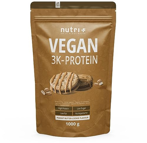 Nutri + Veganes Eiweißpulver Erdnussbutter Cookie 1kg - 79,1% Eiweiß - 3k-Proteinpulver Peanutbutter Cookies - Protein Pulver 1000g ohne Milch & Laktose - Pflanzlich - Soja Protein Isolat