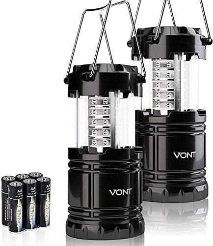Vont 2 Pack Portable Outdoor LED Camping Lantern Survival Kit for Hurricane, Emergency, Storm, Outages (Black, Collapsible)