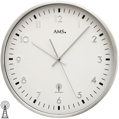 AMS - Funk - Wanduhr - Metallgehäuse aus gebürstetem Aluminium, Mineralglas, Durchmesser 32 cm