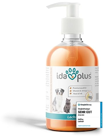 Ida Plus - Premium Lachsöl in Lebensmittelqualität für Tiere - VERGLEICHSSIEGER - Lachsöl Hunde in 500 ml Pumpflasche – Omega 3 für Hunde & mit Omega 6 Fettsäuren - Fischöl für Hunde Made in Germany
