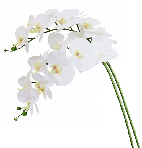 Htmeing 38 Inch Artificial Phalaenopsis Flowers Branches Real Touch (Not Silk) Orchids Flowers for Home Office Wedding Decoration,Pack of 2 (White)