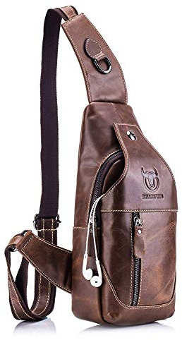 Sac de Poitrine Homme en Cuir, Veritable Sacoche à Bandoulière Sacs a dos porté épaule Travers Pochettes des Sport Affaires Voyage (Marron)