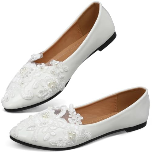 Holibanna Chaussures De Mariage Plates en Dentelle avec Perles Et Fleurs Taille 39 Ultra Légères Faciles À Enfiler pour Mariage Et Loisirs Femmes Confortables Et Respirantes
