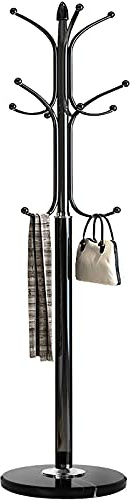 Kertnic Metal Coat Rack Stand with Natural Marble Base, Free Standing Hall Tree with 12 Hooks for Hanging Scarf, Bag, Jacket, Home Entry-way Hat Hanger Organizer (Black)