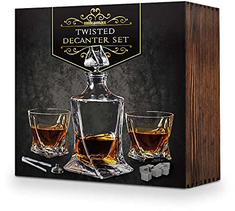 Mikamax Twisted Decanter Set - Whiskey Dekanter and Glass Set - Dekanter und Whiskyglas Set - 2 Gläser - 9 Whiskysteine - Geschenkbox aus Holz