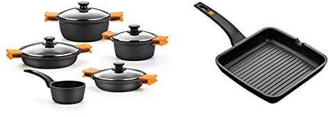 BRA Efficient Batería 5 piezas, de aluminio fundido con antiadherente + A271428 Efficient Grill Asador con Rayas, Aluminio Fundido con Antiadherente Platinum Plus