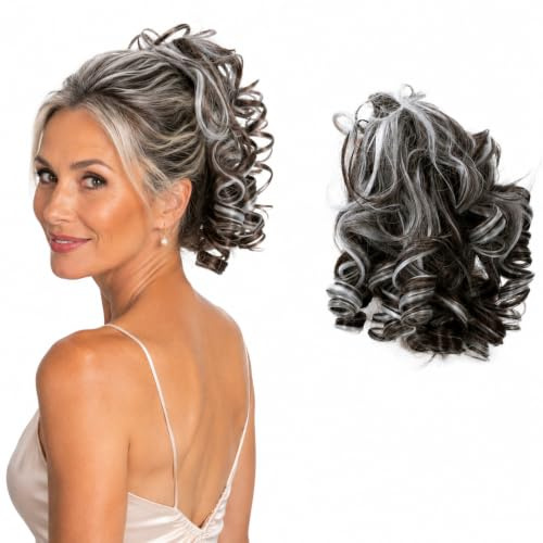 CAISHA Haarteil Haargummi Dutt Gelockt Messy Bun Schokobraun Grau Mix G29L