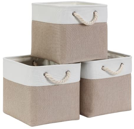 Mangata Cube Storage Boxes 28x28x28cm, Fabric Storage Basket for Cupboards, Shelves, Closet, Light Khaki White（Collapsible, 3 Pack）