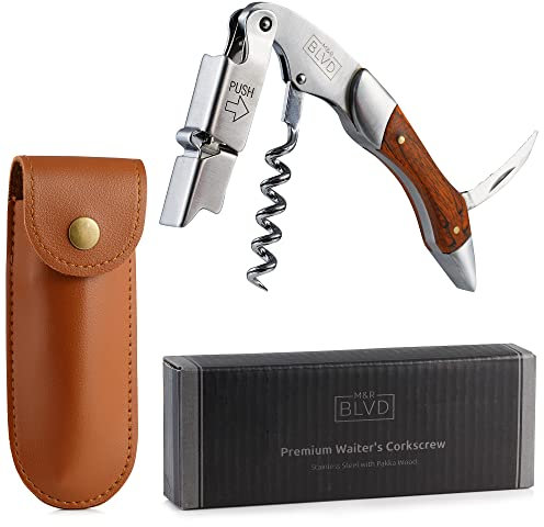 M&R Blvd. - Sacacorchos de camarero con funda de cuero vegano - Grado profesional, llave de vino de lujo - Palanca de resorte de fácil apertura - Cortador de papel de aluminio, abridor de botellas de