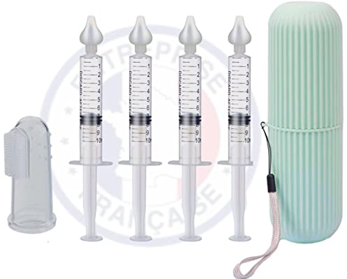 Roche 4 seringue mouche bébé avec embout silicone 10 ml + 1 brosse de nettoyage de dent de bébé offerte + 1 Boîte bleu 3en1 pour sérum physiologique