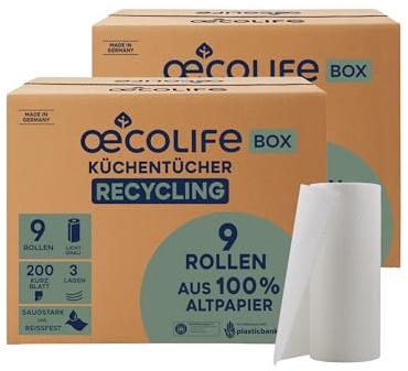 œcolife Küchentücher Box Recycling, 18 Rollen á 200 Blatt, Kurzblatt | Küchenrollen Großpackung, plastikfrei, Haushaltsrollen, Allzwecktücher, Papiertücher, graues Papier, saugstarkes Küchenpapier