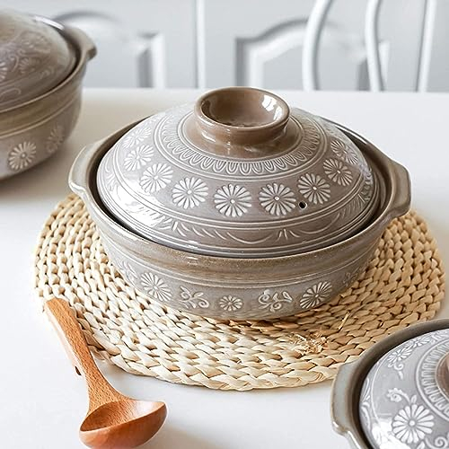fUfIzU Japanese Donabe Ceramic Hot Pot, Heat Resistant Casserole with Lid, Round Clay Pot Made of Stoneware, Rice Cooker for Stew Moods,2L
