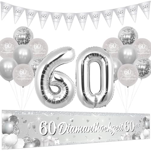 Cheereveal Diamant Hochzeit Dekoration, 60 Rubinhochzeit Hofbanner, Silber Nummer 60 Folienballons, Wimpel Flagge, Alles Gute zum 60. Hochzeitstag, Diamant Hochzeit Partybedarf Deko für Paar Eltern