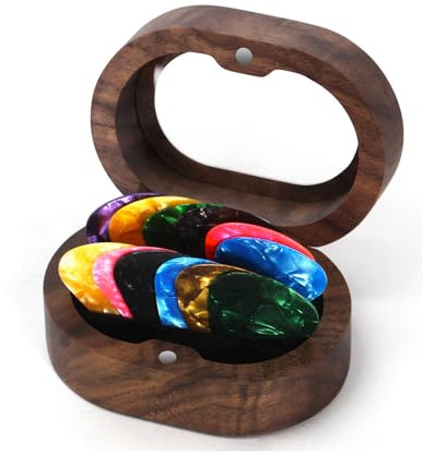 12 Stück Hochwertige Plektrum, Plectren Gitarre mit Nussbaum Plektrum Halter, Zelluloid Guitar Picks in 3 Stärken für Bass E-Gitarre, Ukulele, Akustikgitarre, Plektron für Gitarren Zubehör