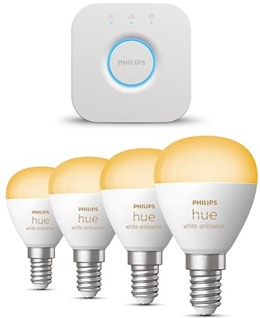 Philips Hue Starterpaket - E14 - mit 4 Kugel LED Lampen - Warm bis Kaltweißes Licht - inkl. 1 Hue Bridge - Hue White Ambiance