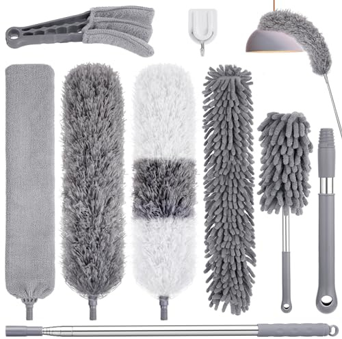 9PCS Dusters for Cleaning,Extendable Microfiber Duster with Extension Pole Up to 100'',Bendable Washable and Reusable Dusters Kit for Ceiling Fans, High Ceilings,Blinds,Furniture and Cars