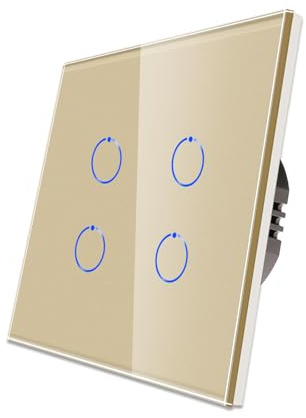 CNBINGO Interruptor de luz táctil empotrado, interruptor de pared cuádruple en oro, superficie háptica, interruptor táctil con panel de cristal y LED de estado, 500 W/compartimento