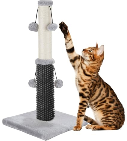 Poste rascador para gatos de 51 cm de alto con postes de sisal, 4 bolas colgantes y cepillo de automasaje, rascador vertical para gatos y gatitos de interior