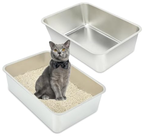 RANYPET Große Katzentoilette Edelstahl 2 Stück, Edelstahl Katzenklo für Großes Häschen und Große Katze, Katzenklo offen, Leicht zu Reinigen Niemals Gerüche, Fleckfrei, Rostfrei, Robuste(50*35*15cm)