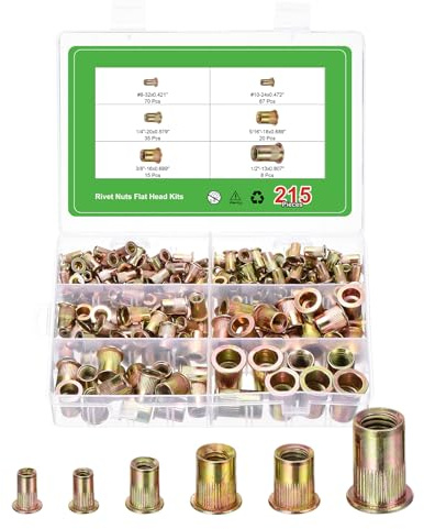 sourcing map 215Pcs Rivet Nut Flat Head, #8-32, #10-24, 1/4-20, 5/16-18, 3/8-16, 1/2-13 Threaded Insert Nuts Knurled Body Zinc Plated Finish