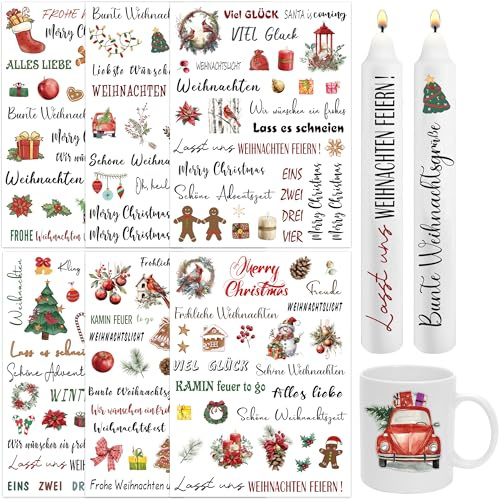 6 Stück Kerzentattoos Weihnachten, Rub on Sticker für Kerzen, Weihnachtsmotive für DIY Adventskerzen, Wasserschiebefolie für Kerzen und Glas, Kerzenaufkleber für Dekorationen, Stickerbogen A4